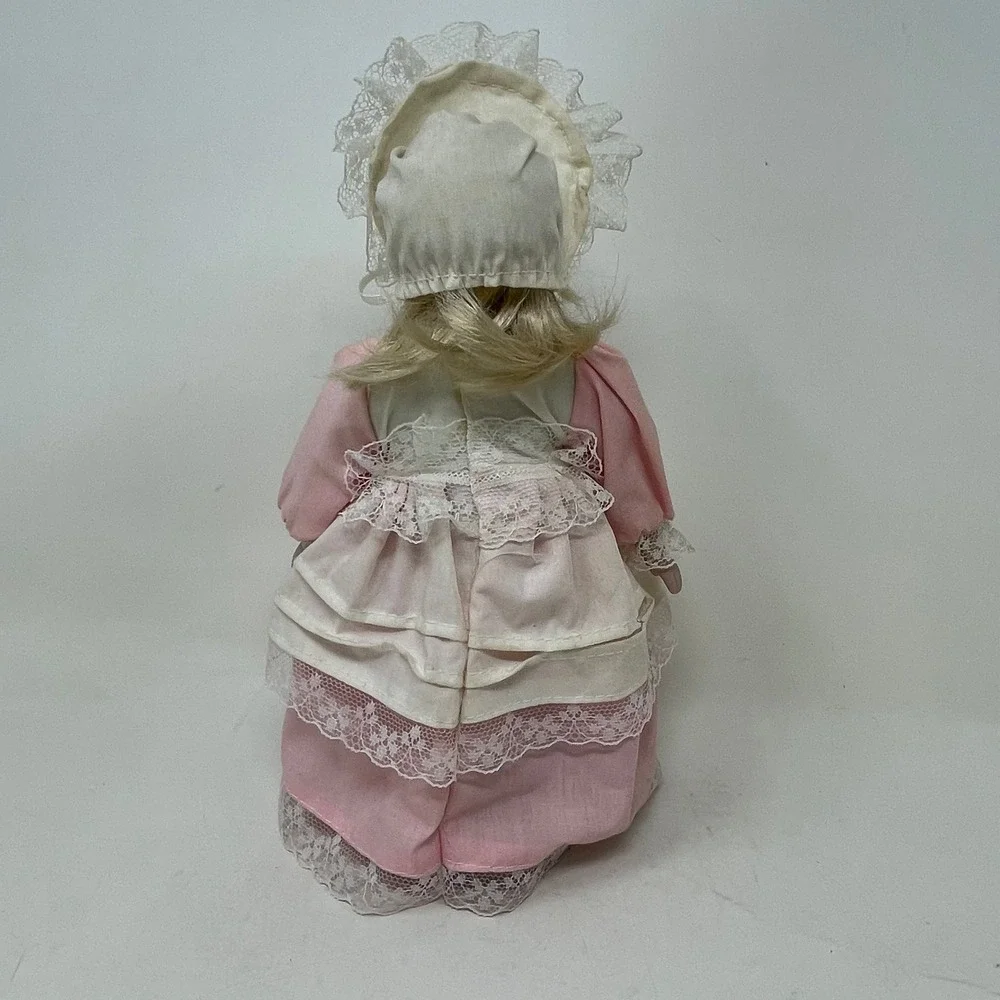Vintage Porcelain Doll Pink Lace Victorian Dress Blonde Hair Collectible 9 Inch
